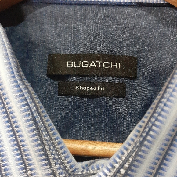 Bugatchi Men's Size Large Shaped Fit Button-Down Dress Shirt Blue Stripe - Picture 3 of 5